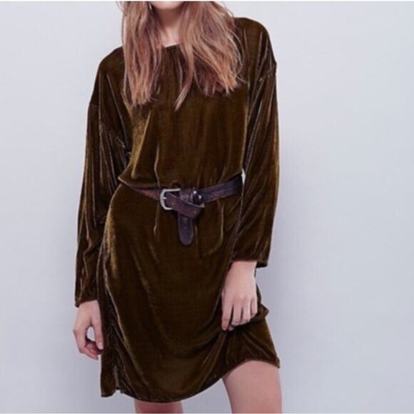 Free People X CP Shades Green Velvet Bridget Long Sleeve Mini Dress Size Small - Picture 1 of 9